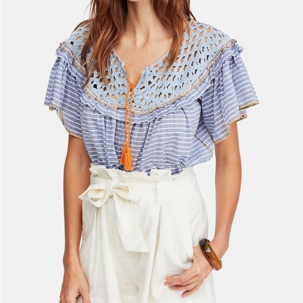 Free People Blue Striped Boho Crotchet Cropped Blouse sz L